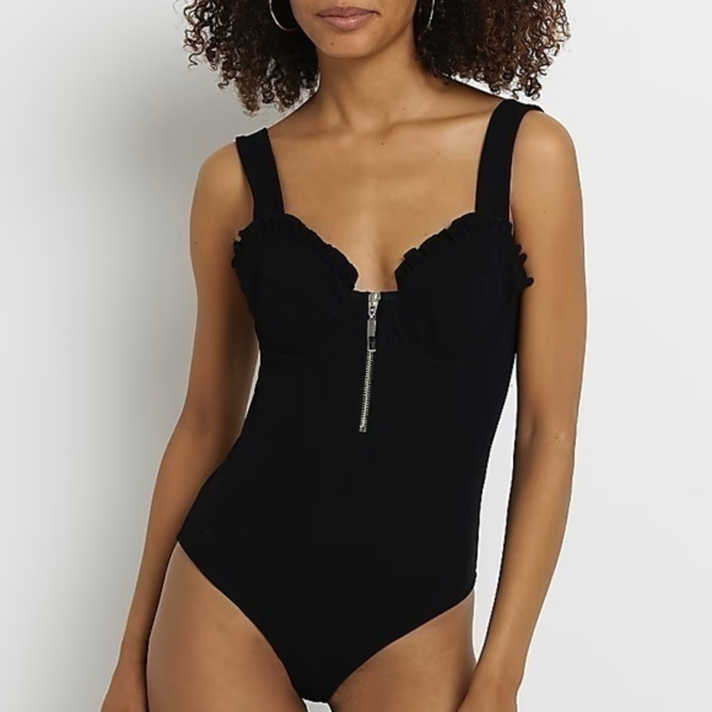 River Island Black Frill Ruffle Zip Front Sleeveless Bodysuit Size 6 New